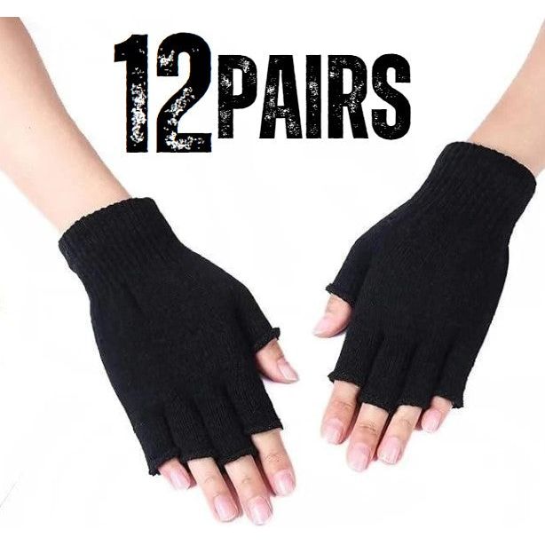 Black Knit Winter Fingerless Gloves (12 Pairs)