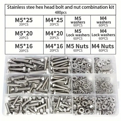 480 Piece Stainless Steel Fastener Kit, M4 & M5 Hex Head Screws, Bolts Assortment Kit