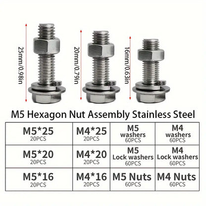 480 Piece Stainless Steel Fastener Kit, M4 & M5 Hex Head Screws, Bolts Assortment Kit