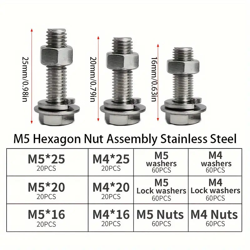 480 Piece Stainless Steel Fastener Kit, M4 & M5 Hex Head Screws, Bolts Assortment Kit