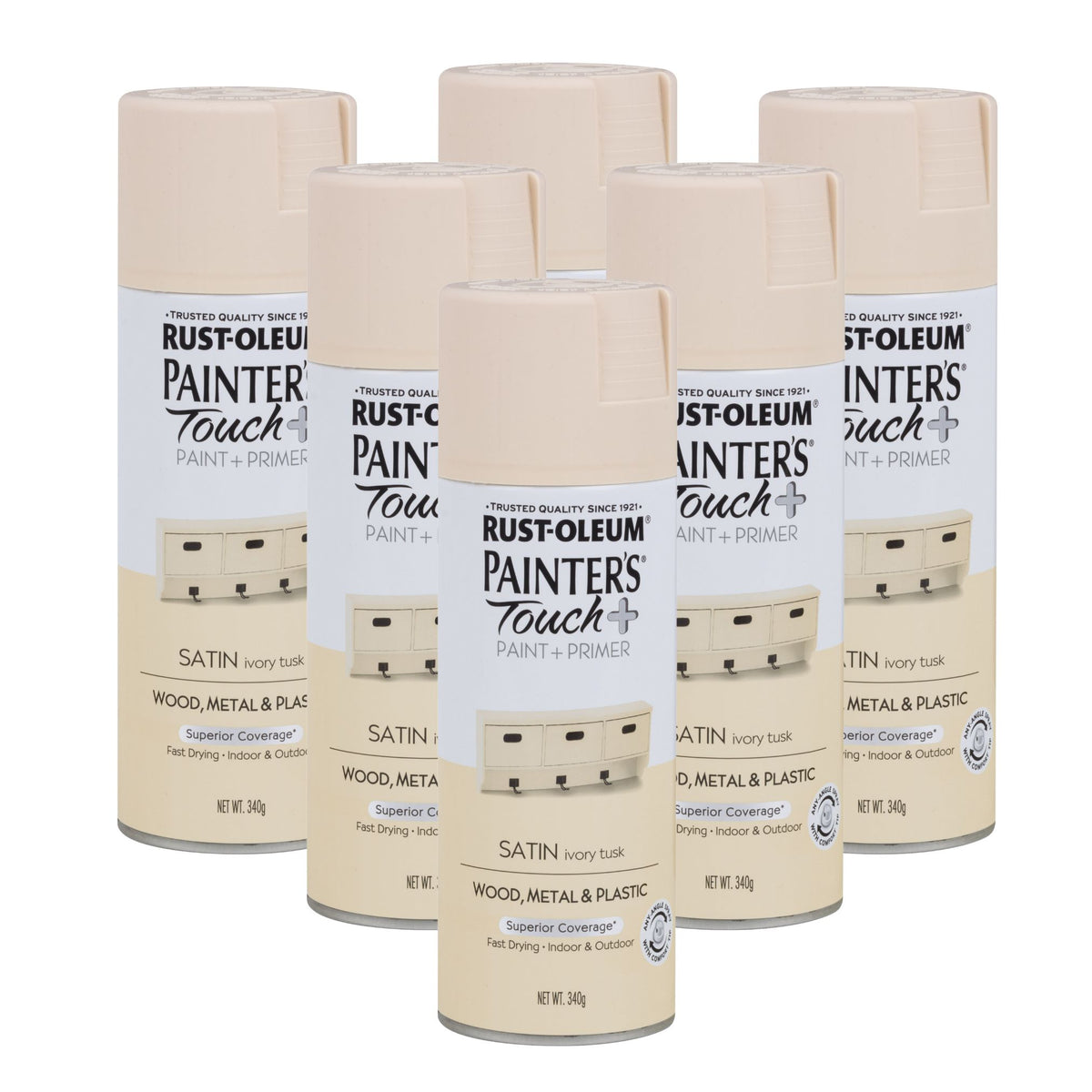 Rust-Oleum Painter&#39;s Touch Paint &amp; Primer Spray Paint | Satin Ivory Tusk  (6 Cans) - South East Clearance Centre