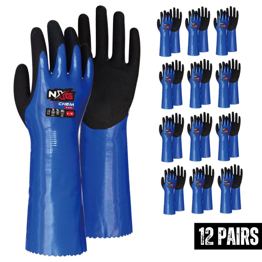 (12 Pairs) 8190-09 NXG CHEM Blue Nitrile, Nylon Abrasion Resistant, Chemical Resistant, Extra Grip Work Gloves, Nitrile Coating