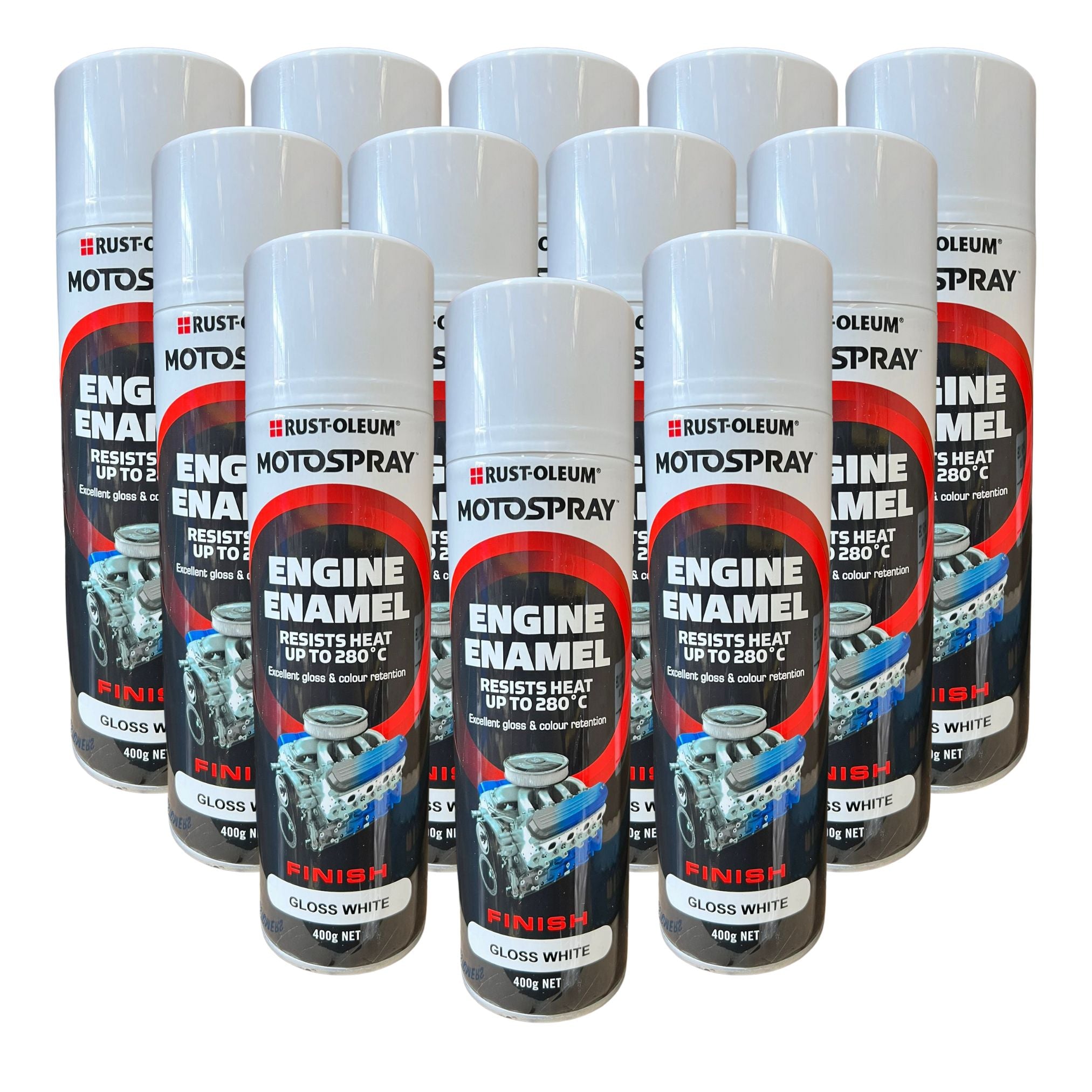 Rust-Oleum Motospray Engine Enamel heat resistant Spray Paint - 12 Cans - Gloss White - South East Clearance Centre