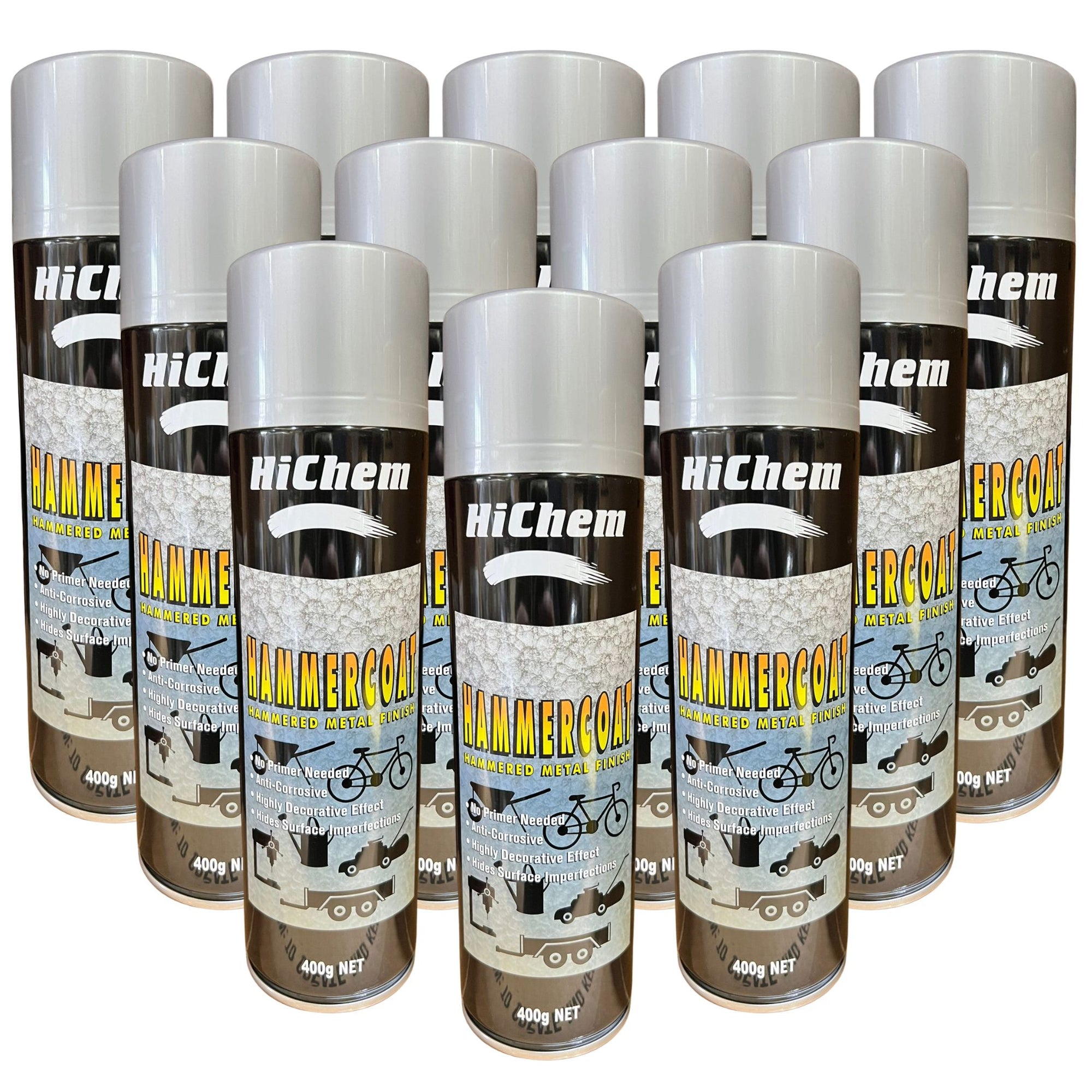 Hammercoat Hammered Silver Grey Spray Paint Can 400g HiChem Decorative Effect Tough 12 Cans - South East Clearance Centre