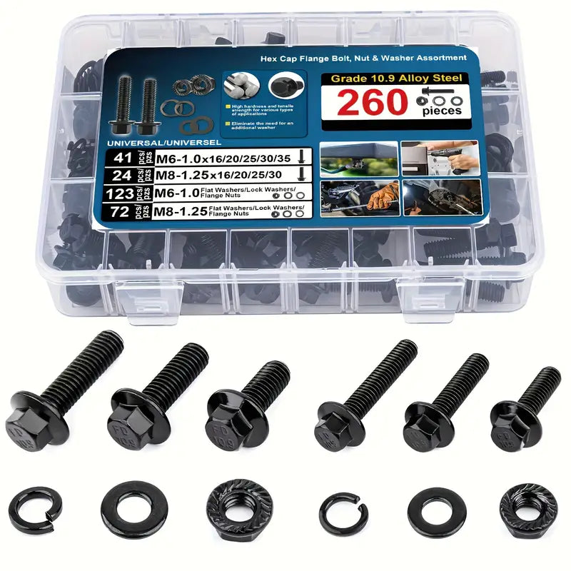 260 Piece High Strength Black Carbon Steel Flanged Hex Head Screw & Bolt Assortment Kit, M6-M8