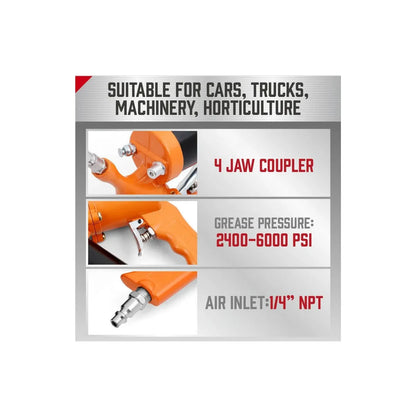 1/4" NPT Air Grease Gun Pneumatic 2400-6000PS Flexible Hose Extension Included
