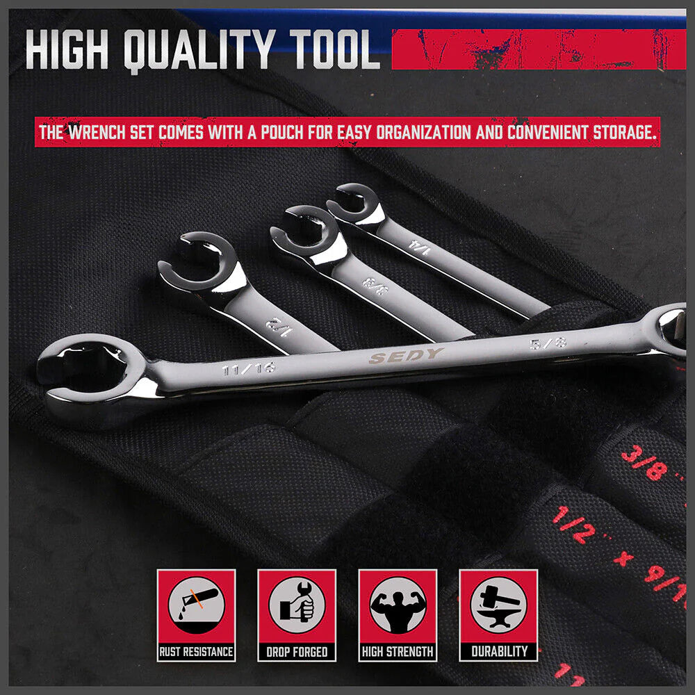 4 Piece Imperial Flare Nut Tubing Wrench Set, SAE Imperial, Offset Head