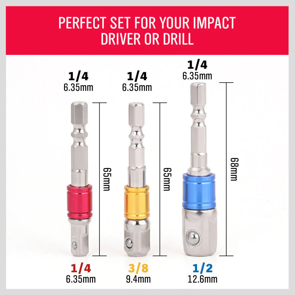 3Pc Socket Bit Adaptor Set Drill Nut Driver Power Extension Bars 1/4" 3/8" 1/2" - South East Clearance Centre