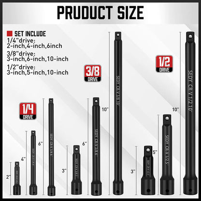 9 Piece Extension Bar Set | 1/4", 3/8" & 1/2" Drive Socket Extension - South East Clearance Centre