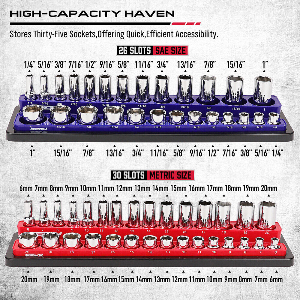 2Pc Magnetic Socket Organizer for 3/8" Drive - Detachable Metric & SAE Storage Holder - South East Clearance Centre