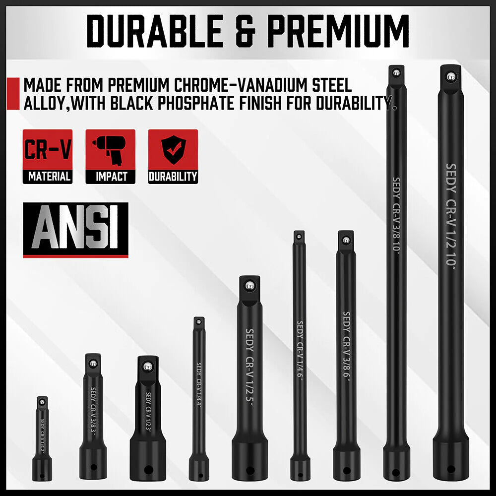 9 Piece Extension Bar Set | 1/4", 3/8" & 1/2" Drive Socket Extension - South East Clearance Centre