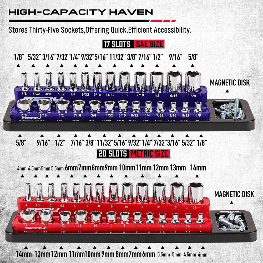 Magnetic Socket Holder Set - Detachable 1/4&quot; Drive Metric &amp; SAE Organizer - South East Clearance Centre