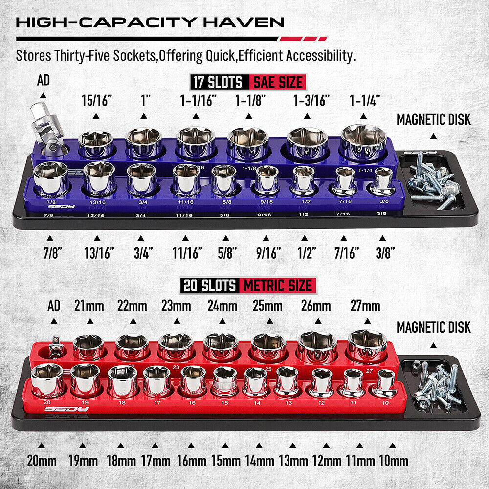 2Pc Magnetic Socket Organizer 1/2" Drive Metric SAE Sockets Storage Holder 35 Slots - South East Clearance Centre