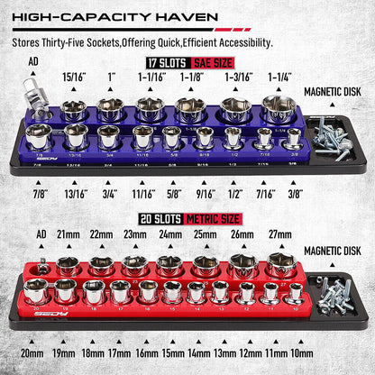 2Pc Magnetic Socket Organizer 1/2" Drive Metric SAE Sockets Storage Holder 35 Slots - South East Clearance Centre