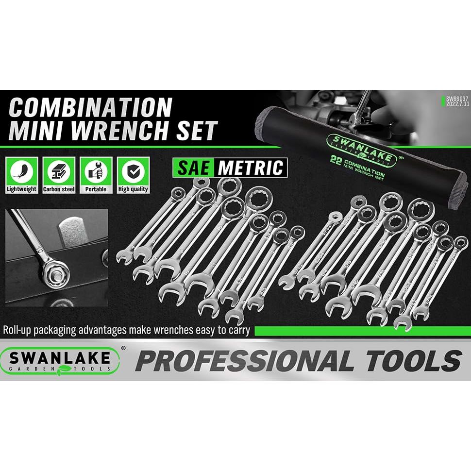 22 Piece Combination Mini Wrench Set (Metric & Imperial) 4-11mm & 5/32'' to 7/16''