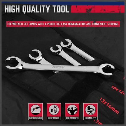 4 Piece Flare Nut Tubing Wrench Set, Metric, Offset End Spanners