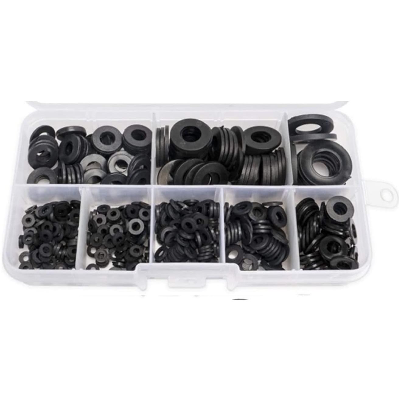 500 Piece Black Nylon Sealing Washer Flat Assortment Kit | 8 Sizes | M2 M2.5 M3 M4 M5 M6 M8 M10 - South East Clearance Centre