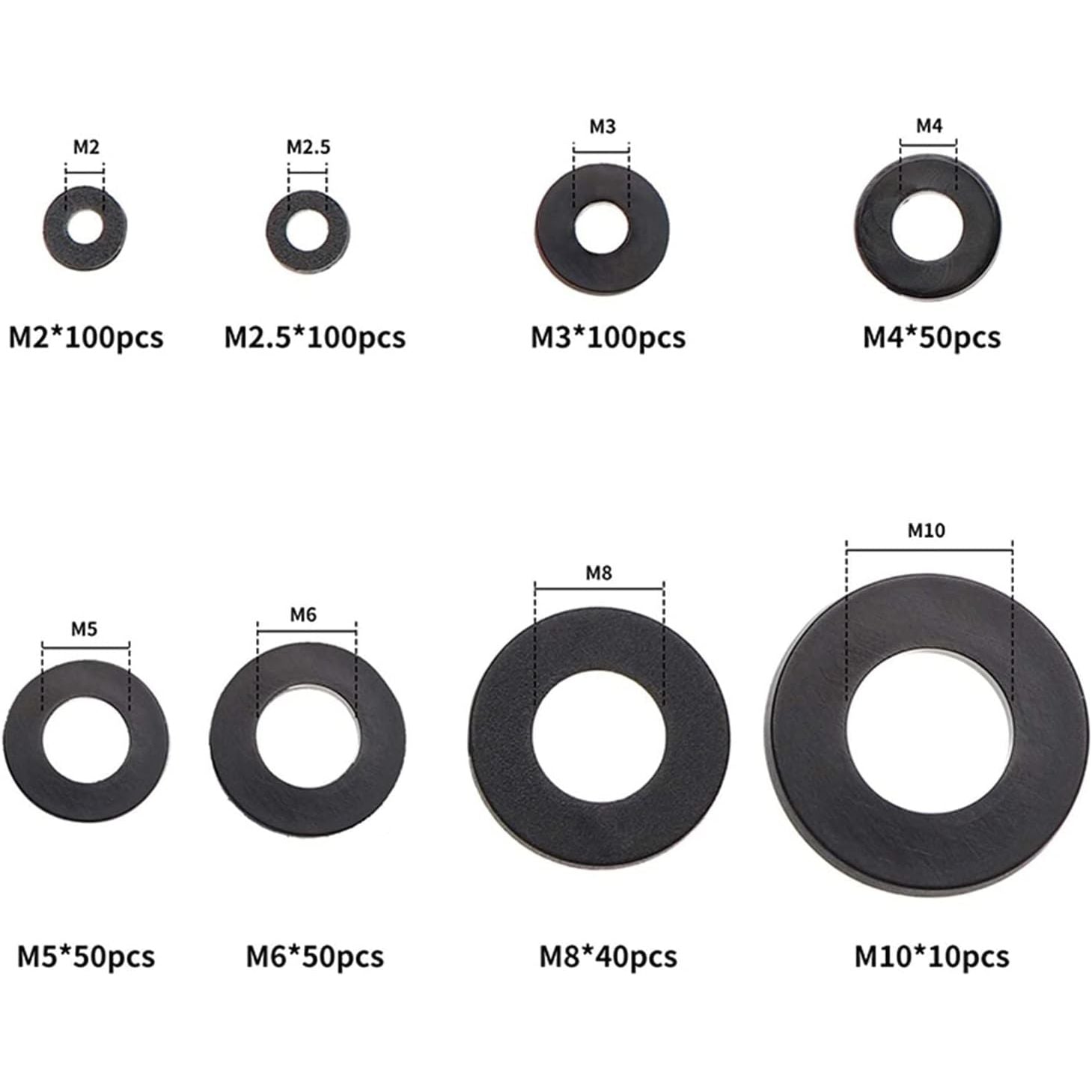 500 Piece Black Nylon Sealing Washer Flat Assortment Kit | 8 Sizes | M2 M2.5 M3 M4 M5 M6 M8 M10 - South East Clearance Centre