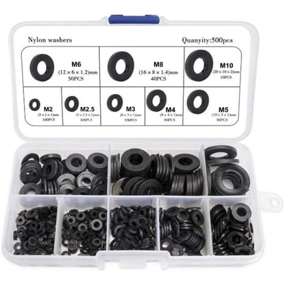 500 Piece Black Nylon Sealing Washer Flat Assortment Kit | 8 Sizes | M2 M2.5 M3 M4 M5 M6 M8 M10 - South East Clearance Centre