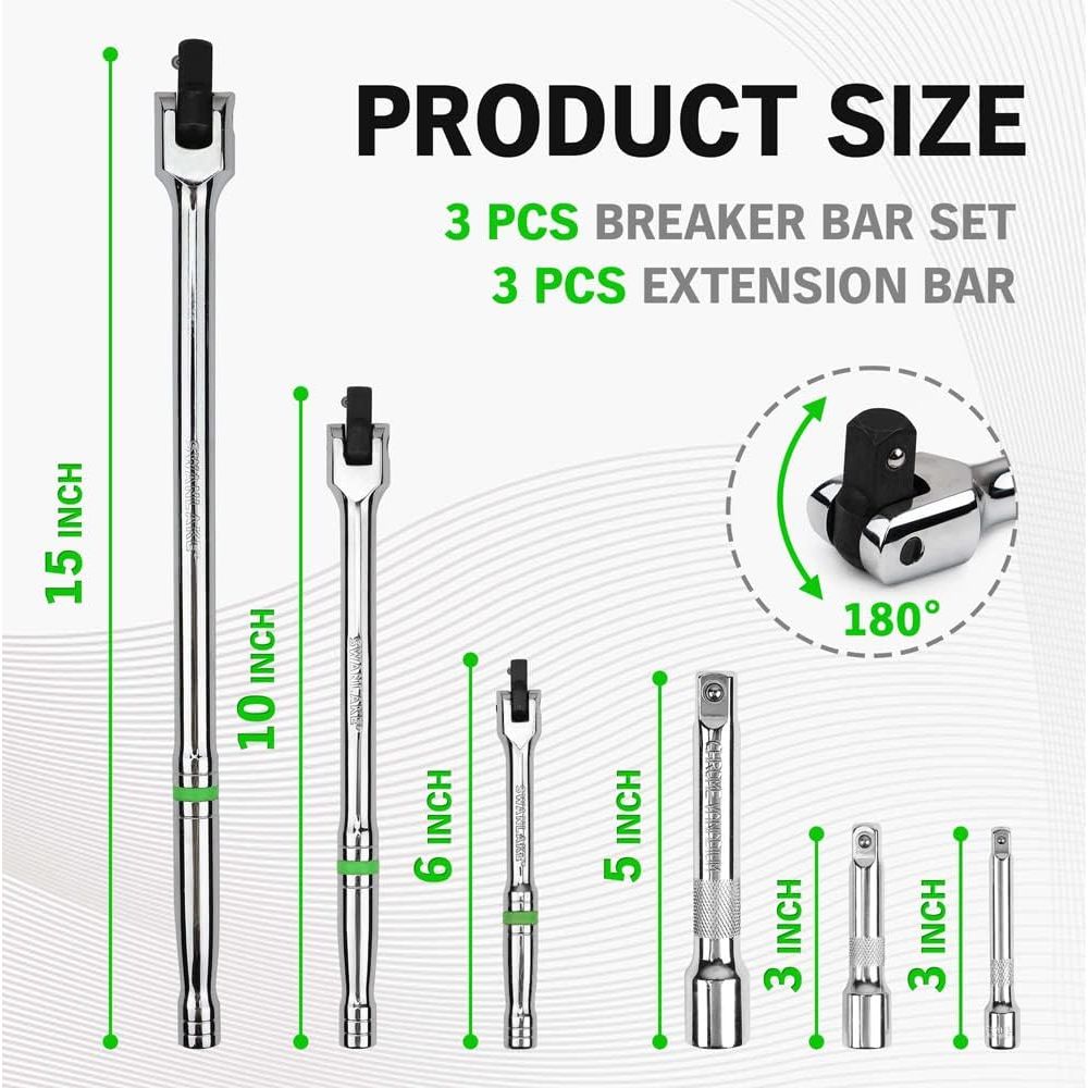 6 Piece Heavy Duty Breaker Bar Set,1/4", 3/8" & 1/2" with 180° Rotatable Head