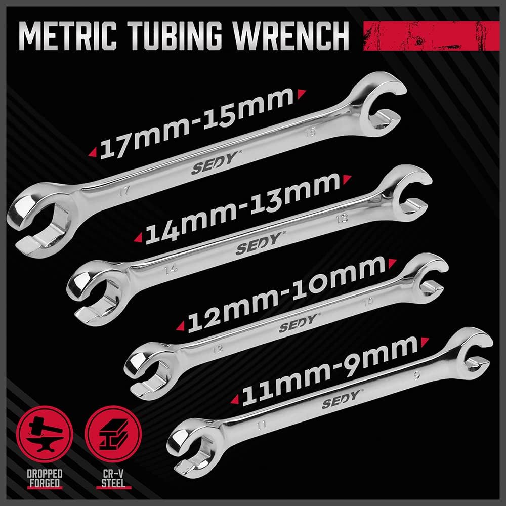 4 Piece Flare Nut Tubing Wrench Set, Metric, Offset End Spanners