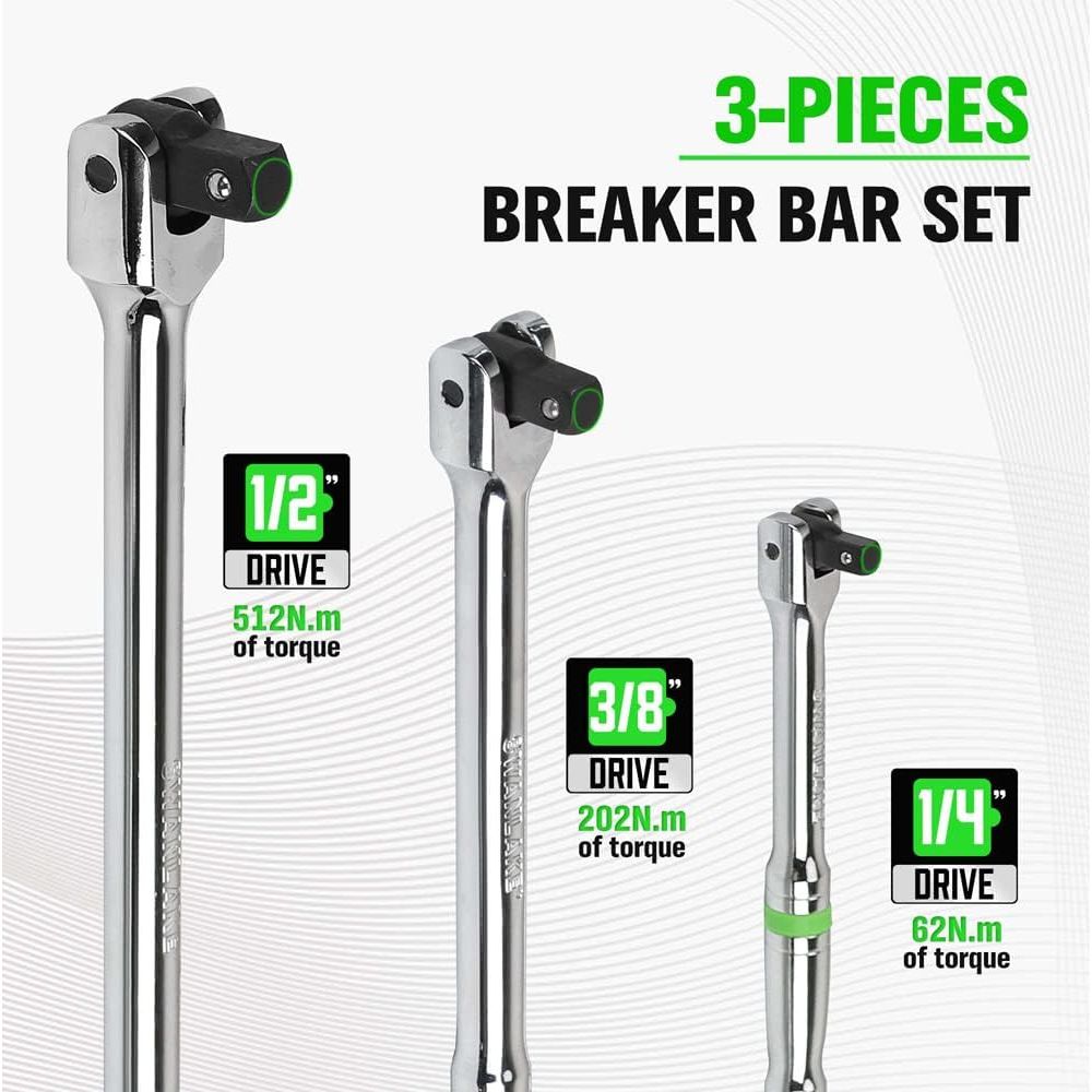 6 Piece Heavy Duty Breaker Bar Set,1/4", 3/8" & 1/2" with 180° Rotatable Head