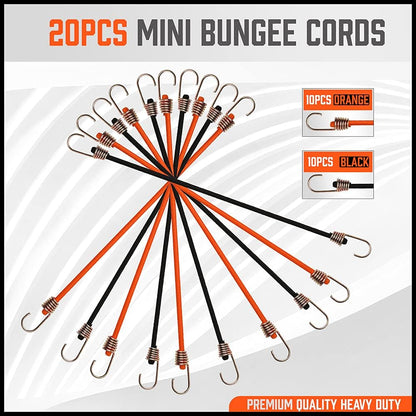 20 Pack Mini Bungee Cords, 8 Inch Premium Small Bungee Cords with H00ks for Bikes, Camping, Carrying Tools