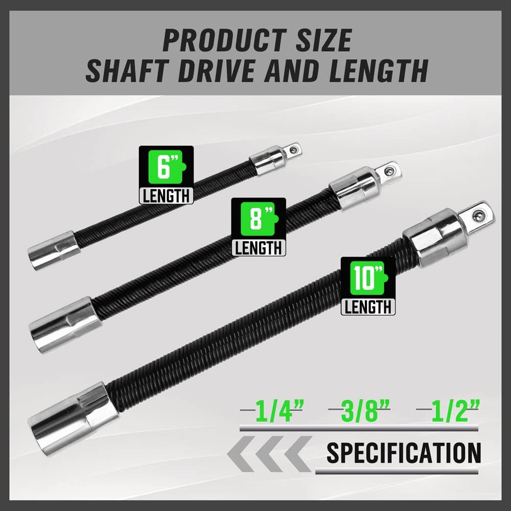 3-PIECE Flexible Socket Extension Bar Set 1/2" 1/4" 3/8" Shaft Drive 10" 8" 6"