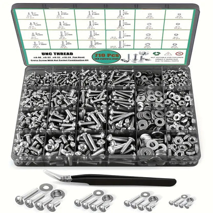 710Pcs Nuts and Bolts Assortment Kit, 4-40#6-32#8-32#10-24 Phillips Pan Head Assortment Stainless Steel Bolts Nuts Flat Washers Nuts Bolts Assortment Kit