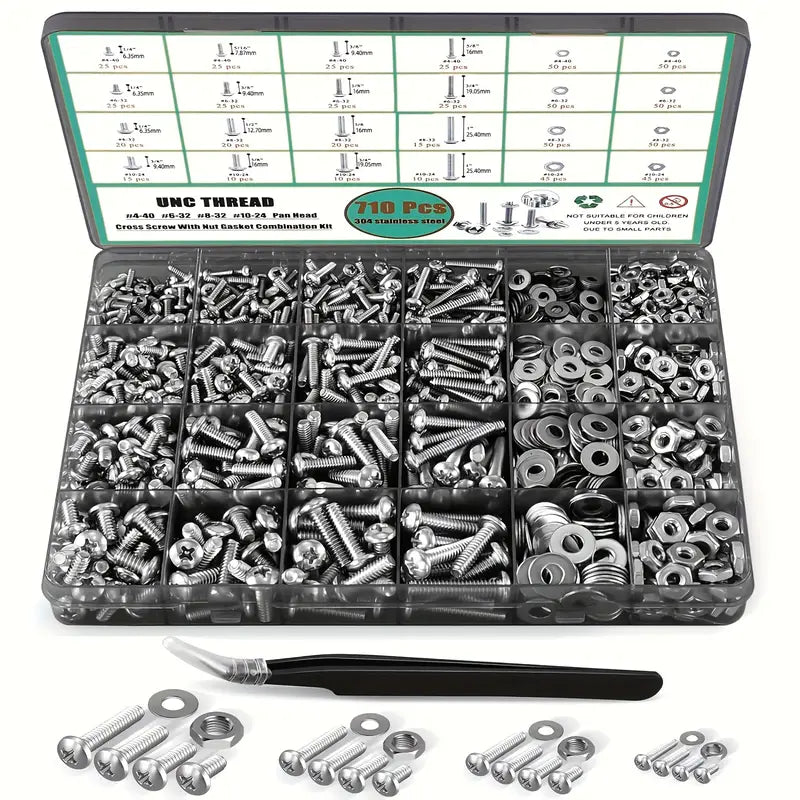 710Pcs Nuts and Bolts Assortment Kit, 4-40#6-32#8-32#10-24 Phillips Pan Head Assortment Stainless Steel Bolts Nuts Flat Washers Nuts Bolts Assortment Kit