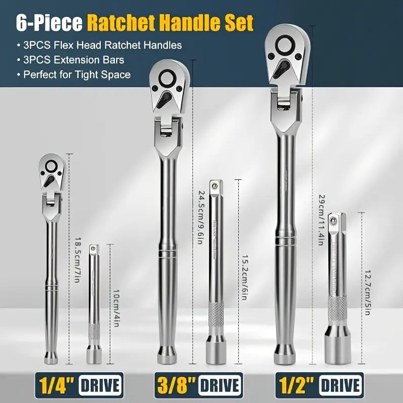 6 Piece Flex Ratchet Set 72-Tooth Swivel Wrench, 1/4", 3/8", 1/2" Drive