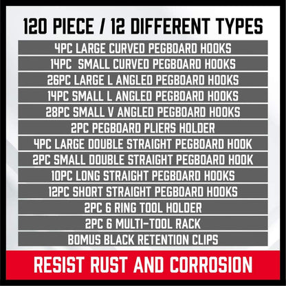 120 Piece Pegboard Hook Set, 12 different types of hooks - South East Clearance Centre