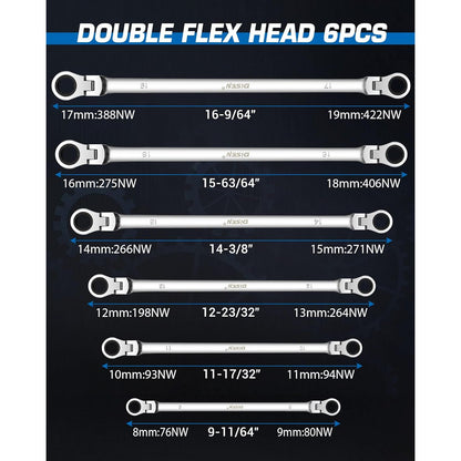 Extra Long Flex Head Ratcheting Wrench 6 Piece Set, 8-19mm