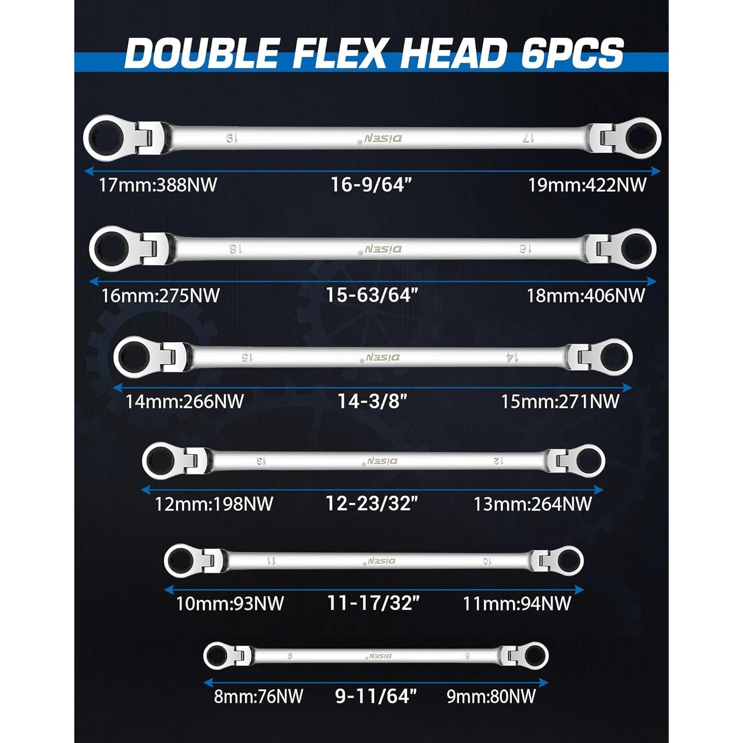 Extra Long Flex Head Ratcheting Wrench 6 Piece Set, 8-19mm