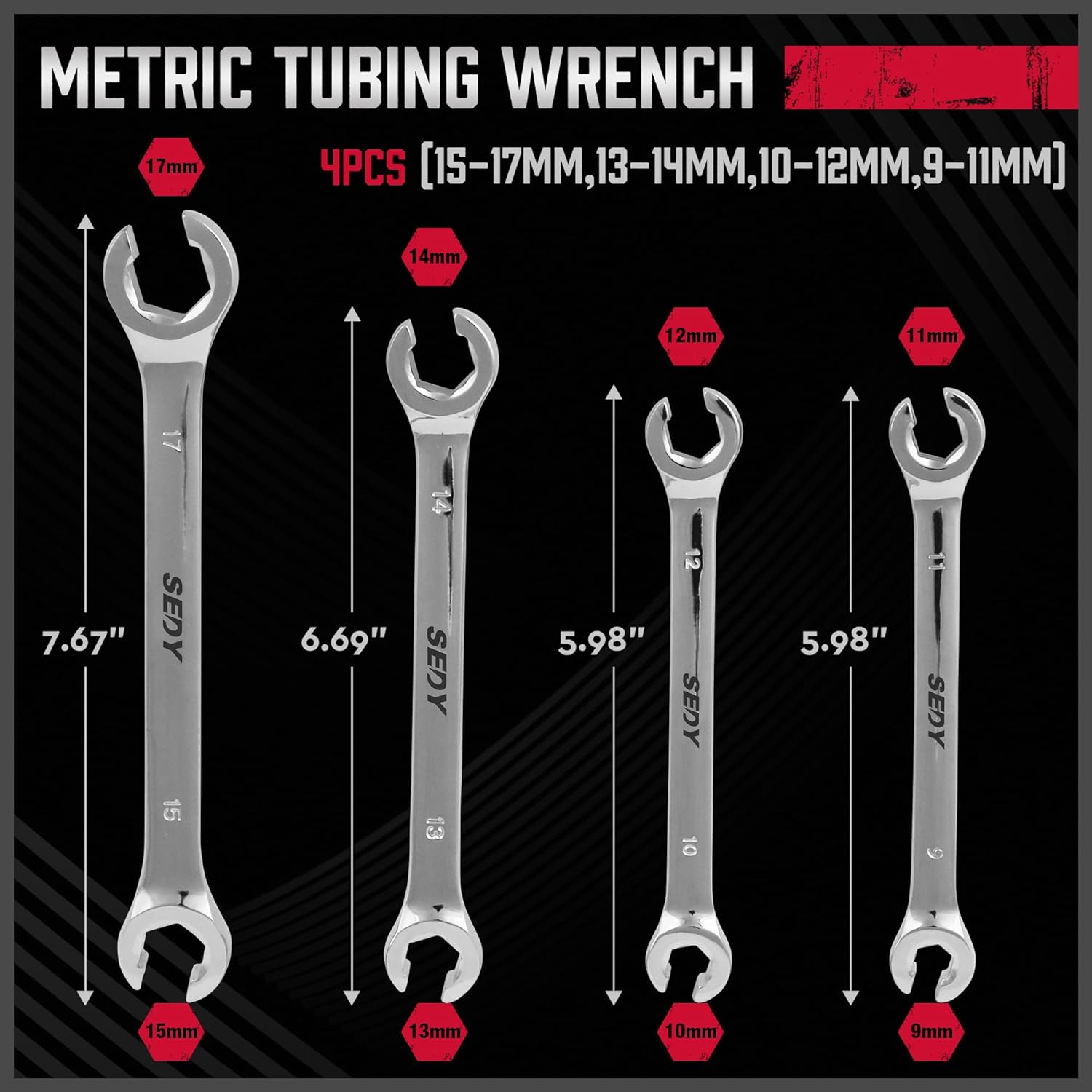 4 Piece Flare Nut Tubing Wrench Set, Metric, Offset End Spanners