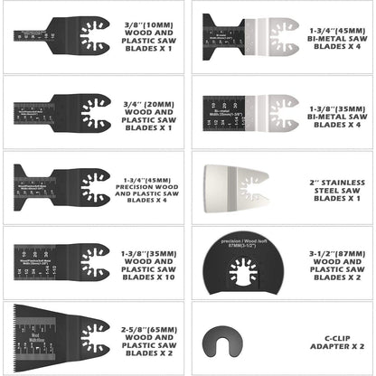 31-Pack Universal Oscillating Tool Blades Set, Premium High Carbon Steel, 10-87mm Multi-Tool Saw Blades Kit with Quick Release System for Fein, Bosch & More