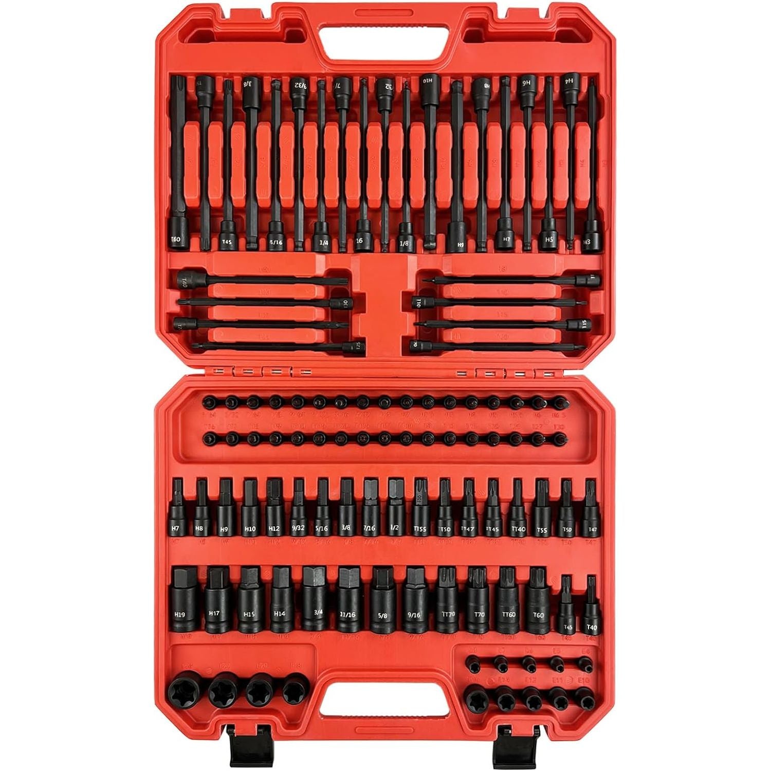 107 Piece Bit Socket Set, 1/4", 3/8" and 1/2" Drive, Hex/Torx/Tamper Proof Torx/E-Trox/Long Ball End Hex, CR-V, S2 Steel, SAE/Metric