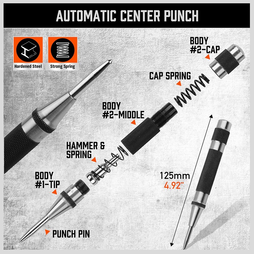 5-Piece Multitool Nail Setter Set, Heavy Duty Automatic Center Punch, Dual Head Nail Set, Dual Head Center Punch, Hammerless Cold Chisel, - South East Clearance Centre