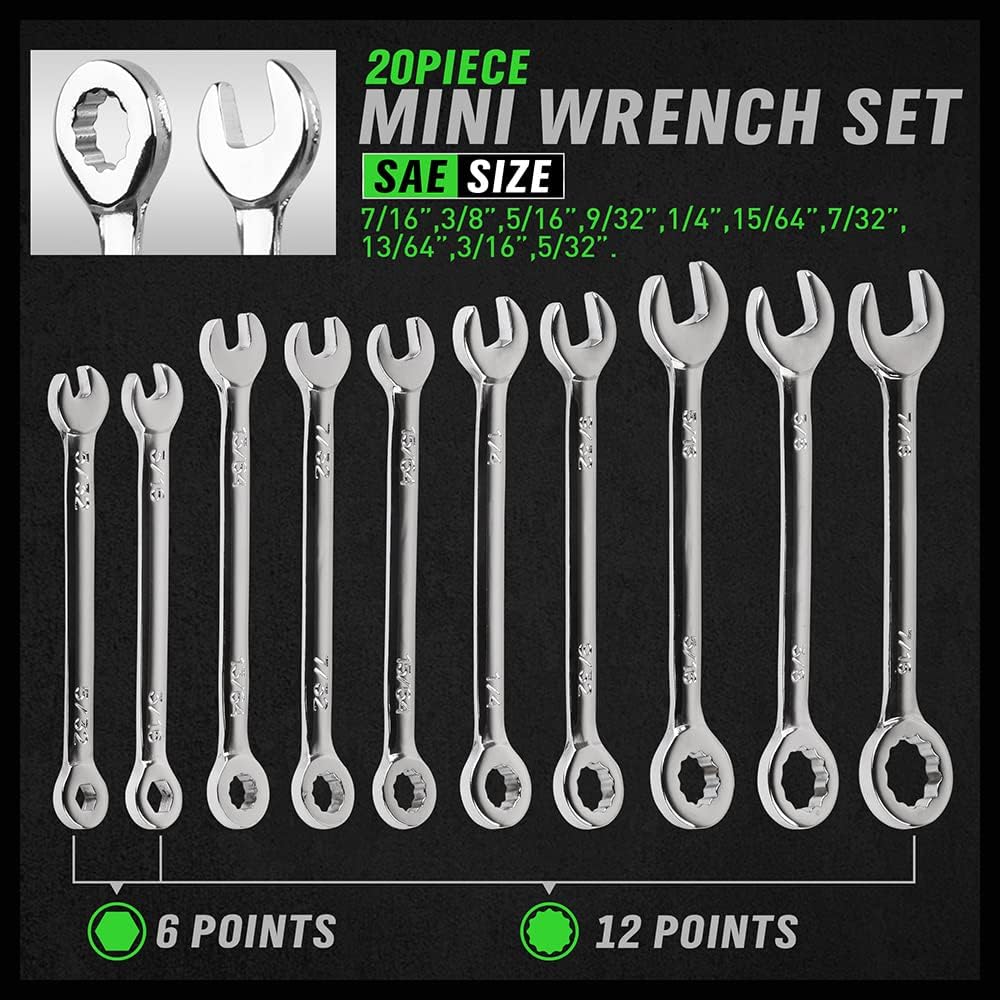 22 Piece Combination Mini Wrench Set (Metric & Imperial) 4-11mm & 5/32'' to 7/16''