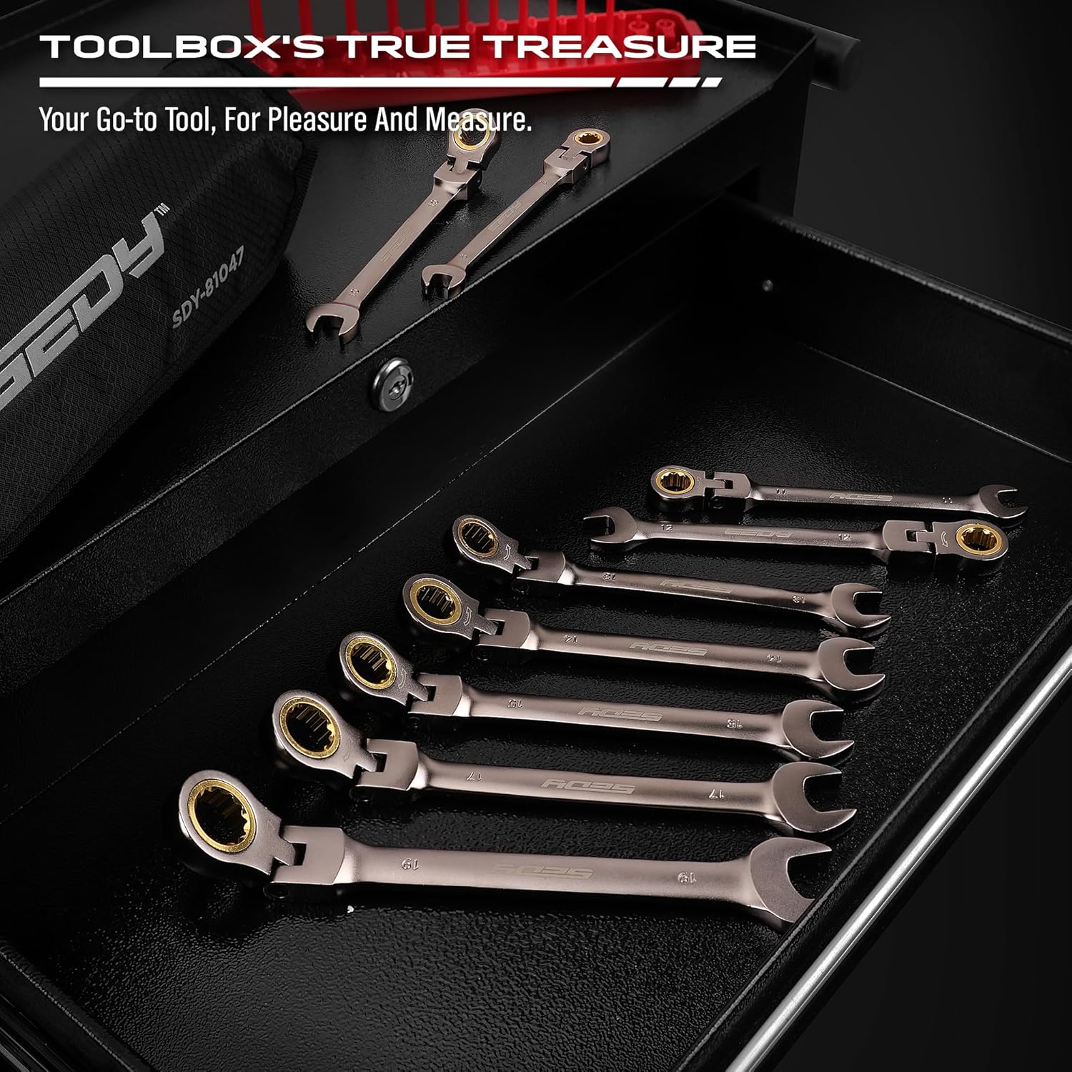 9 Piece Flex Head Ratcheting Combination Wrench Set Metric 8-19mm Premium 72-Teeth Gear Chrome Vanadium Nickel Plated