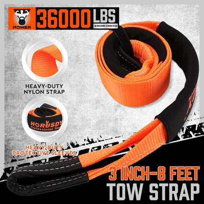 Nylon Heavy Duty Tow Strap Recovery Strap 3" x 8Ft - 36,000 LBS Break Strength, Recover Your Vehicle Stuck in Mud/Snow.