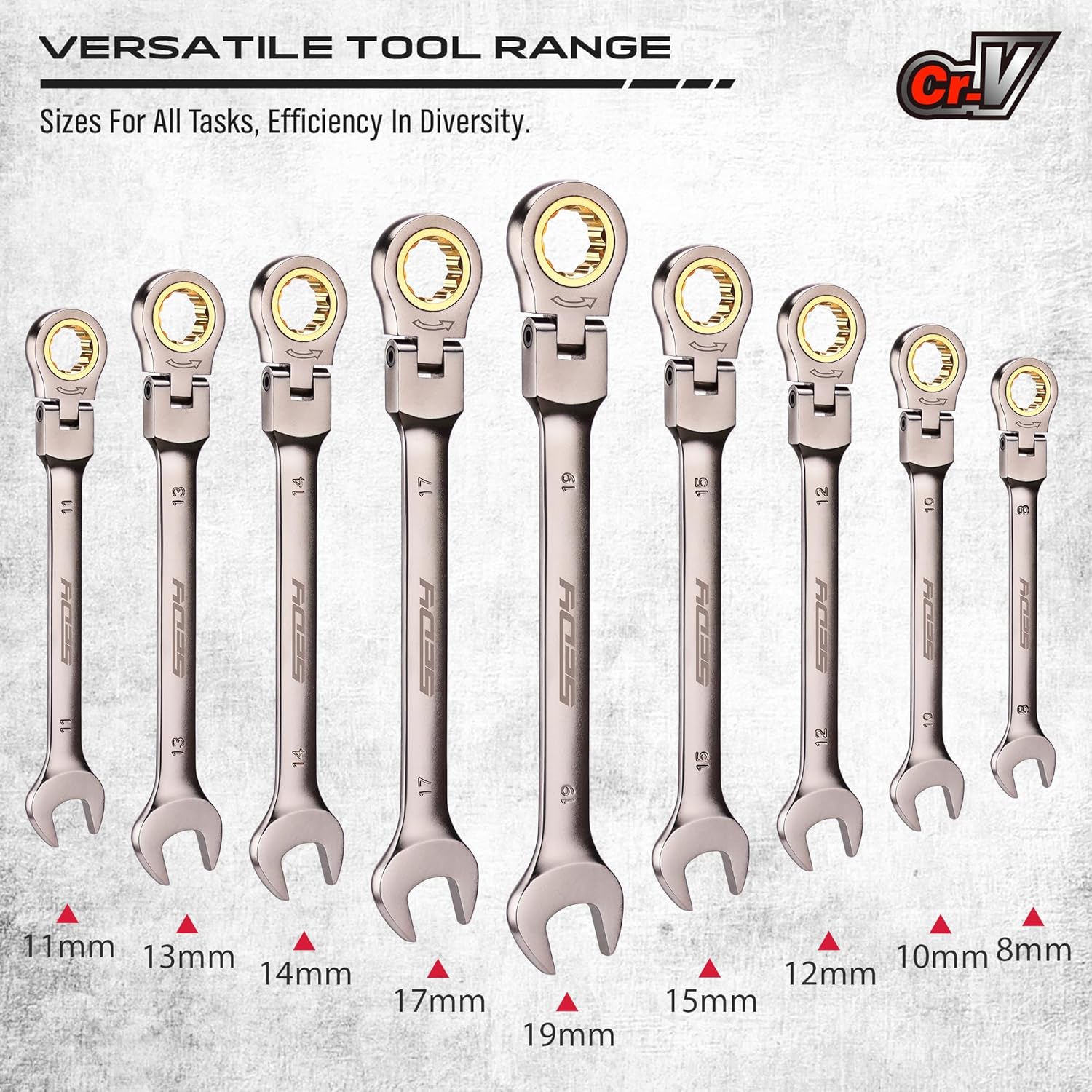 9 Piece Flex Head Ratcheting Combination Wrench Set Metric 8-19mm Premium 72-Teeth Gear Chrome Vanadium Nickel Plated