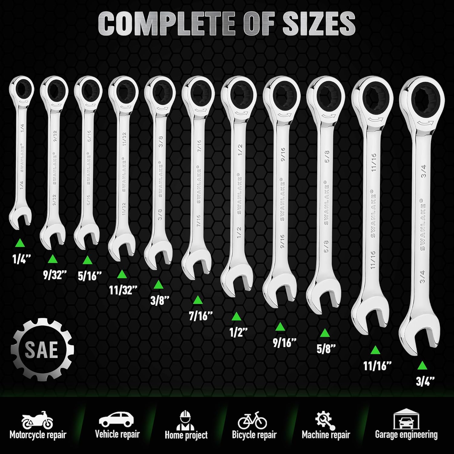 11 Piece Imperial Combination Ratchet Wrench Set