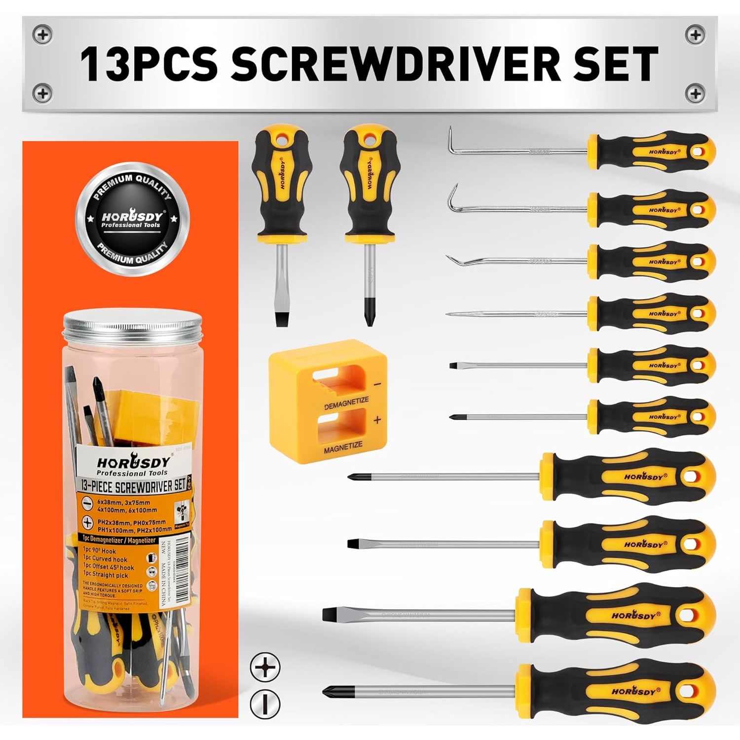 13 Piece Magnetic Screwdriver Set, with Magnetiser/Demagnetiser