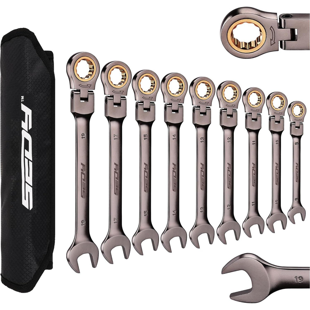 9 Piece Flex Head Ratcheting Combination Wrench Set Metric 8-19mm Premium 72-Teeth Gear Chrome Vanadium Nickel Plated