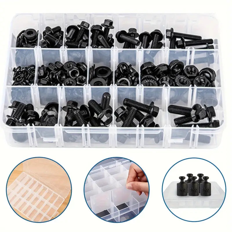 260 Piece High Strength Black Carbon Steel Flanged Hex Head Screw & Bolt Assortment Kit, M6-M8