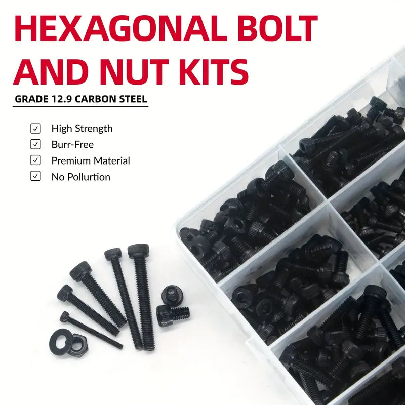 1260 Piece Carbon Steel Metric Bolts and Nuts Kit, Grade 12.9 Hex Socket Head Cap Screws, Hexagonal Nut Assortment with Flat & Lock Washers Assortment Kit