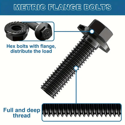 260 Piece High Strength Black Carbon Steel Flanged Hex Head Screw & Bolt Assortment Kit, M6-M8