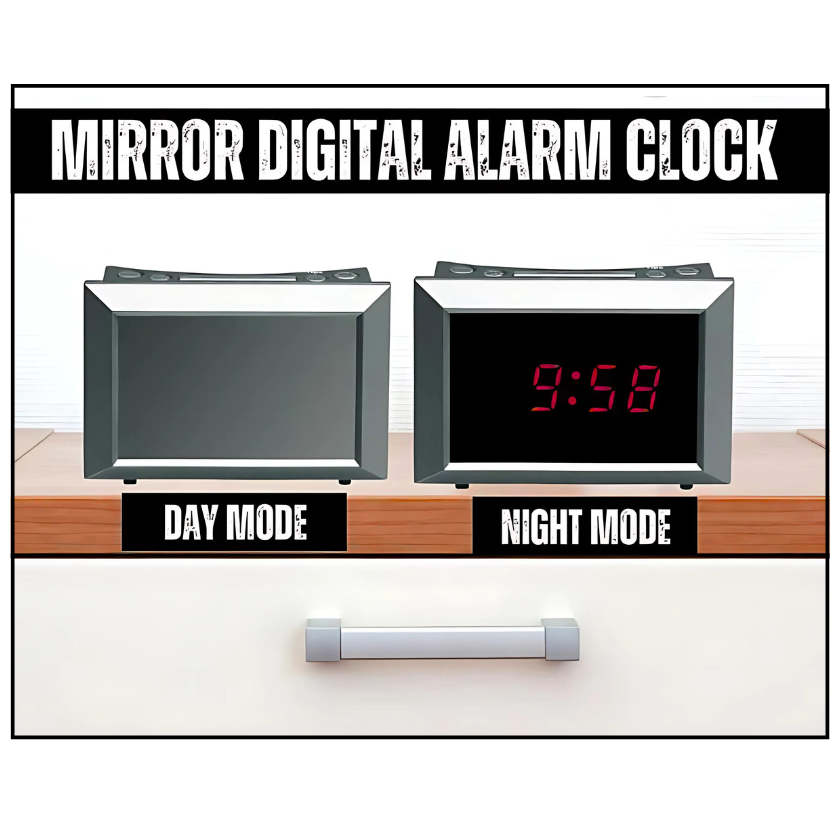 Avanti Compact Mirror Digital 12h Alarm Clock with Snooze/Month/Day Calendar