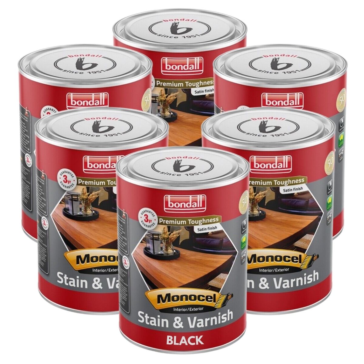 Bondall Monocel Interior &amp; Exterior Stain And Varnish | Black 500ml | 6 Tins - South East Clearance Centre